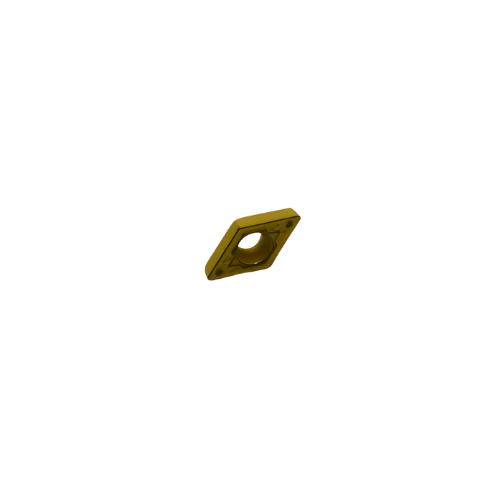 Oblique angle of a single Kyocera DCMT070204HQ CA025P insert highlighting HQ chipbreaker pattern.