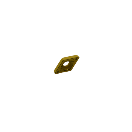 Oblique angle of a single Kyocera DCMT070204HQ CA025P insert highlighting HQ chipbreaker pattern.