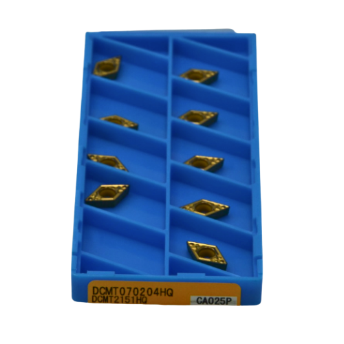 Top view of 10pc Kyocera DCMT070204HQ CA025P turning inserts, showing HQ chipbreaker detail.