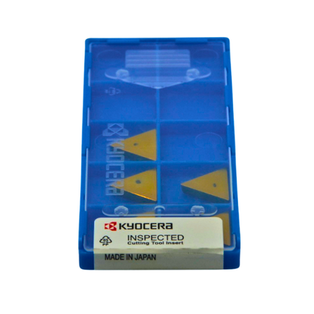 10pc Kyocera TPGN160304S00820 A66N – Ceramic Turning Insert (Negative Triangle, Finishing) Blue packaging with yellow tool inserts and Kyocera branding on a white background
