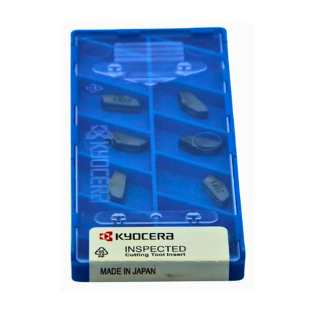 Angled perspective of Kyocera TKN3 KW10 cut-off insert highlighting precise geometry