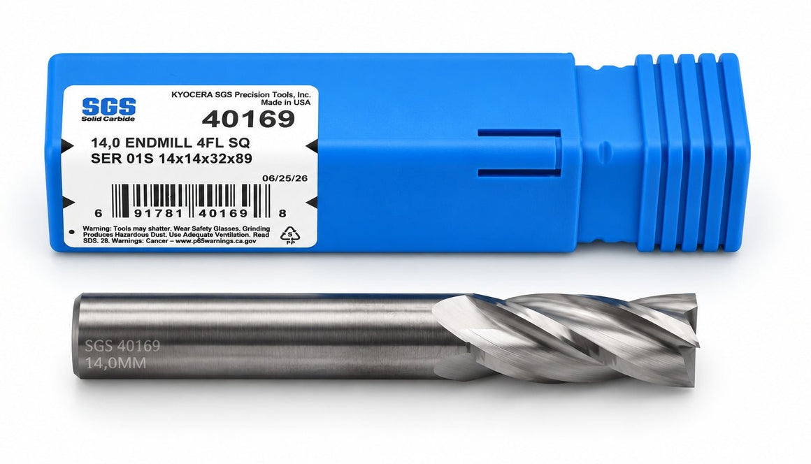 Kyocera SGS 40169 14mm 4 Flute Bright Uncoated Carbide Square End Mill , - Twin Eagle Imports